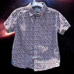 Boys Free Planet Shark Print Button Down Shirt Sz 6 White Palm Tree Short Sleeve